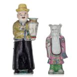 A Chinese famille rose on biscuit figure of an antique merchant, 19thC/20thC, H 34 cm - added a Chin