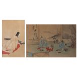 A Japanese watercolour on paper, depicting Tanuki and a folk figure, Meiji period, Added, a ditto wa