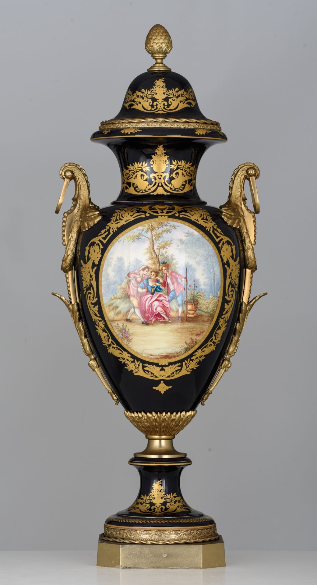 A large bleu royal ground Sevres type vase with gilt bronze mounts, 20thC, H 98 cm - Image 2 of 6