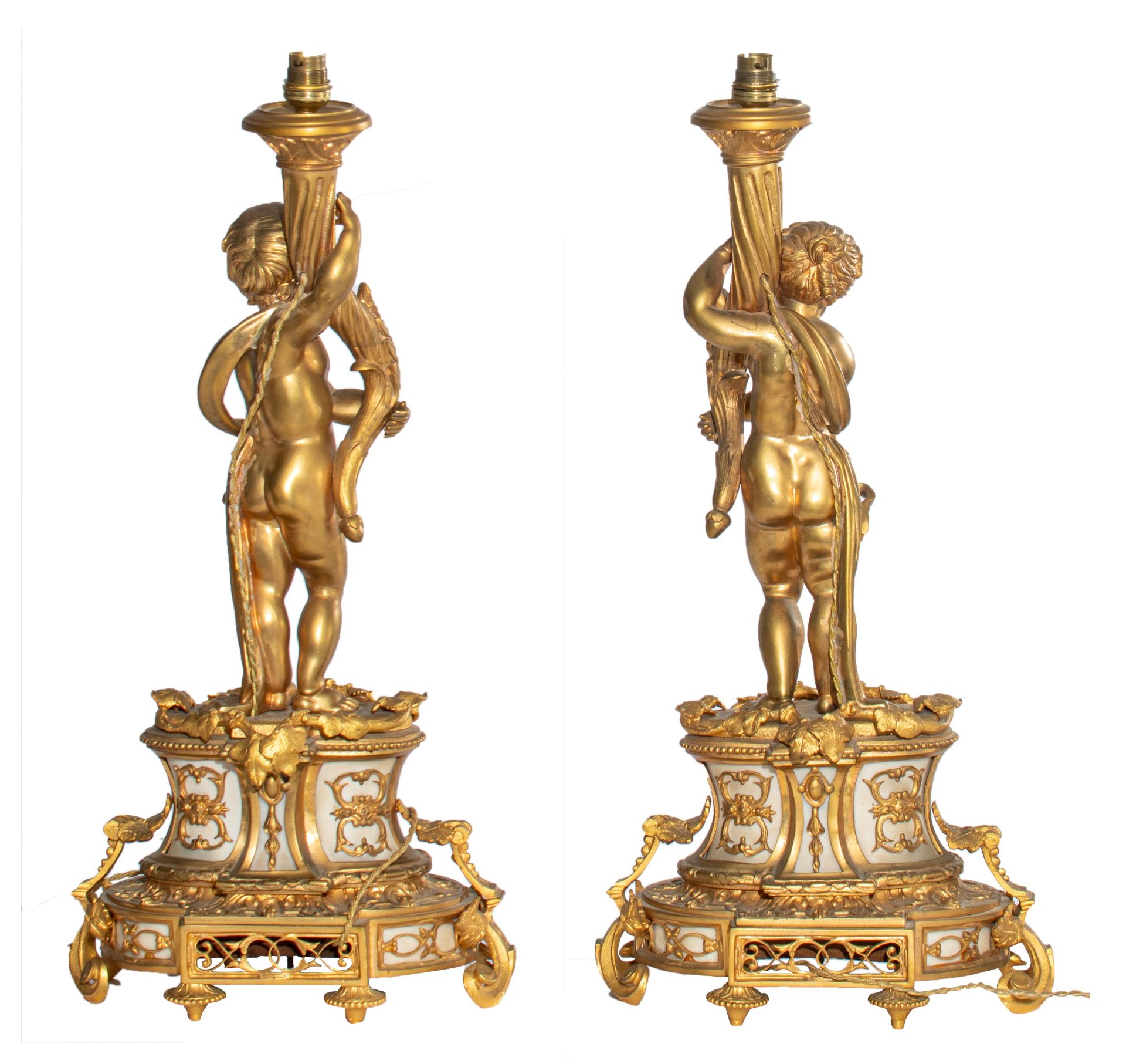 A pair of Neoclassical gilt bronze figural lamps on stands, and a matching pair of sculptures of put - Image 4 of 12
