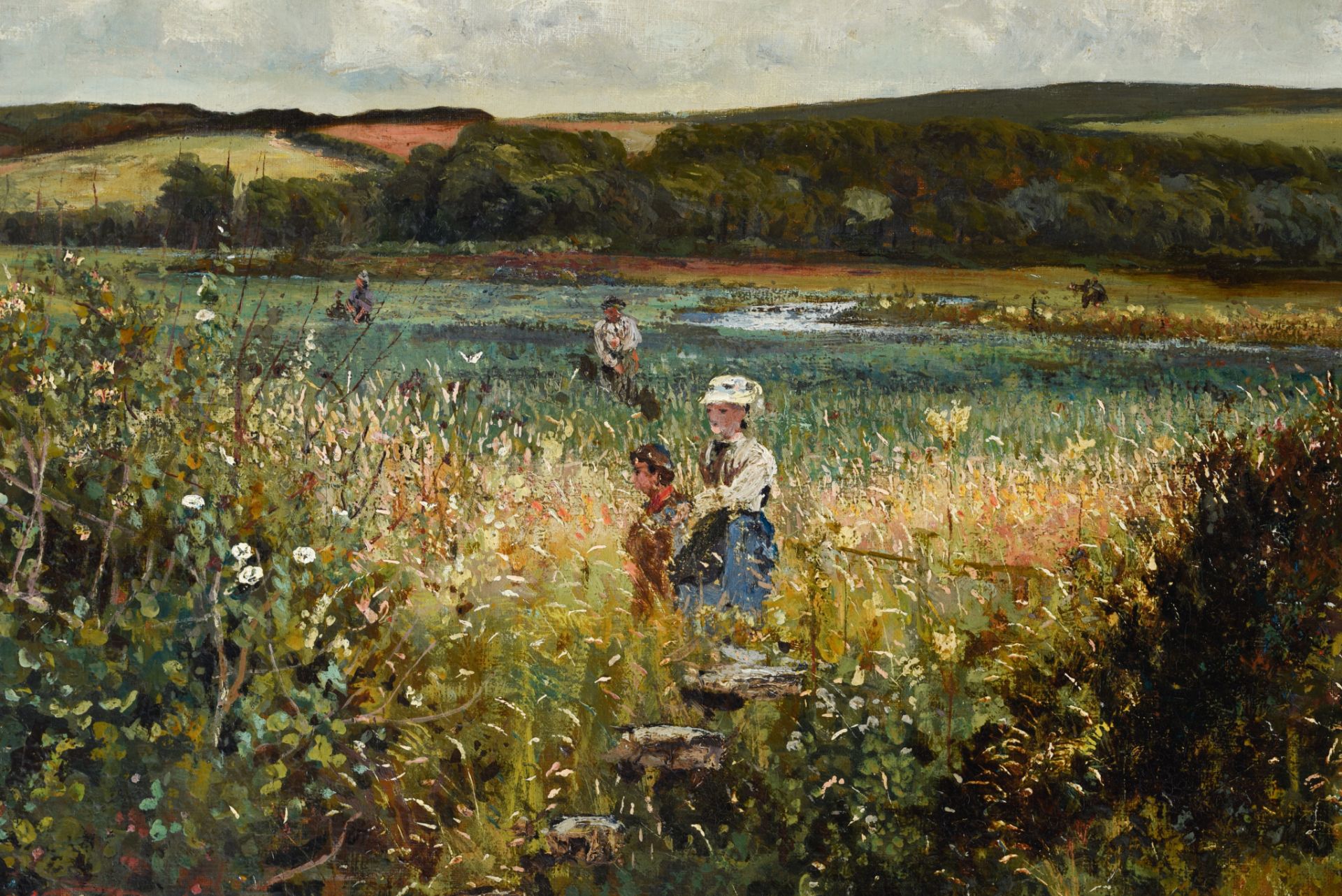 John William Buxton Knight (1842-1908), pastoral figures in a panorama, oil on canvas, 56 x 120 cm - Image 5 of 5