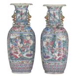 A pair of Chinese famille rose 'Romance of the Three Kingdoms' vases, 19thC, H 62 cm