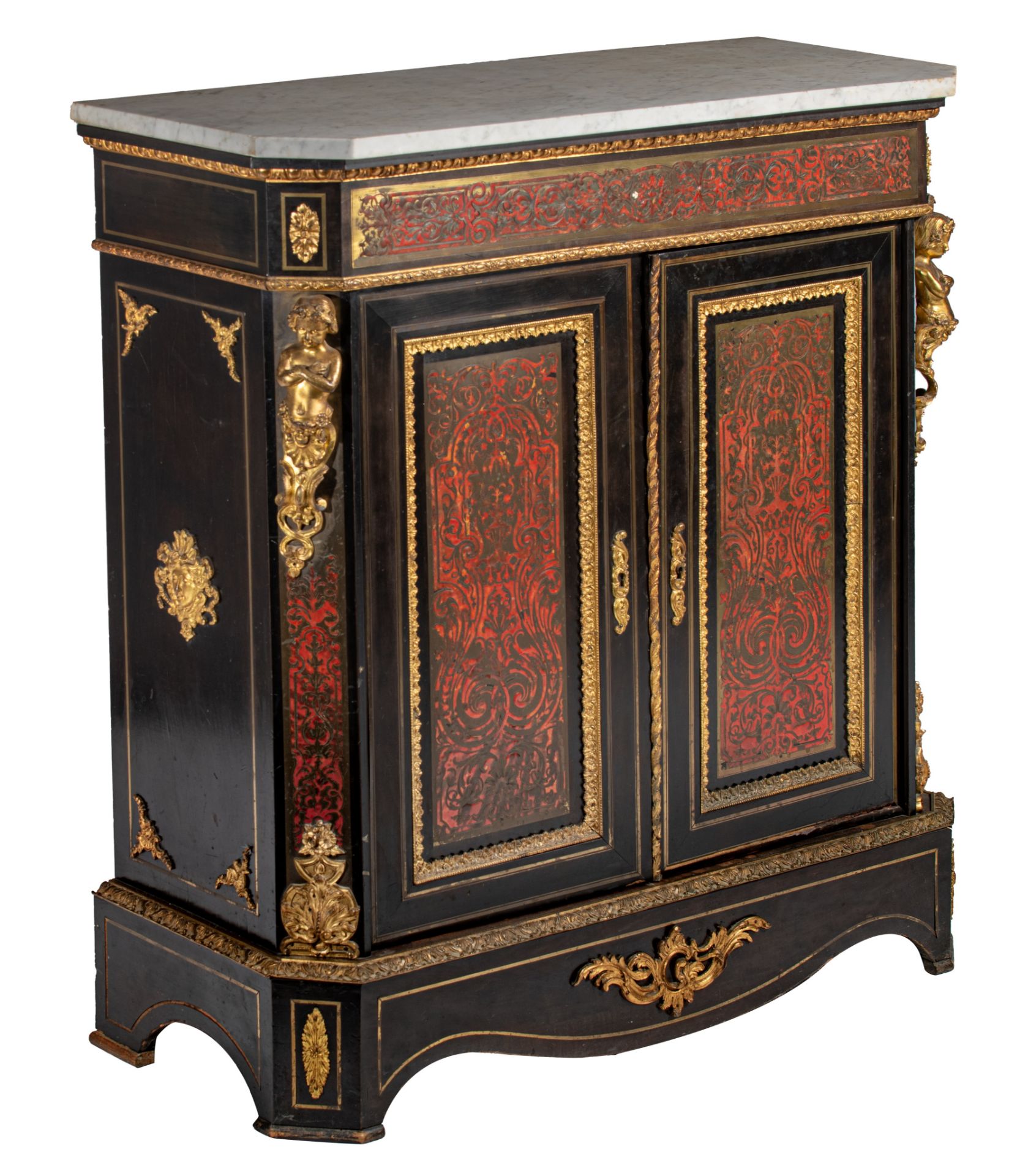 A Napoleon III Boulle work 'meuble d'appui', with gilt bronze mounts and Carrara marble top, H 104 -