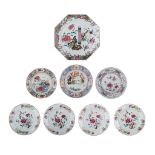 A collection of six Chinese famille rose export porcelain dishes, an octagonal plate, and an Imari d