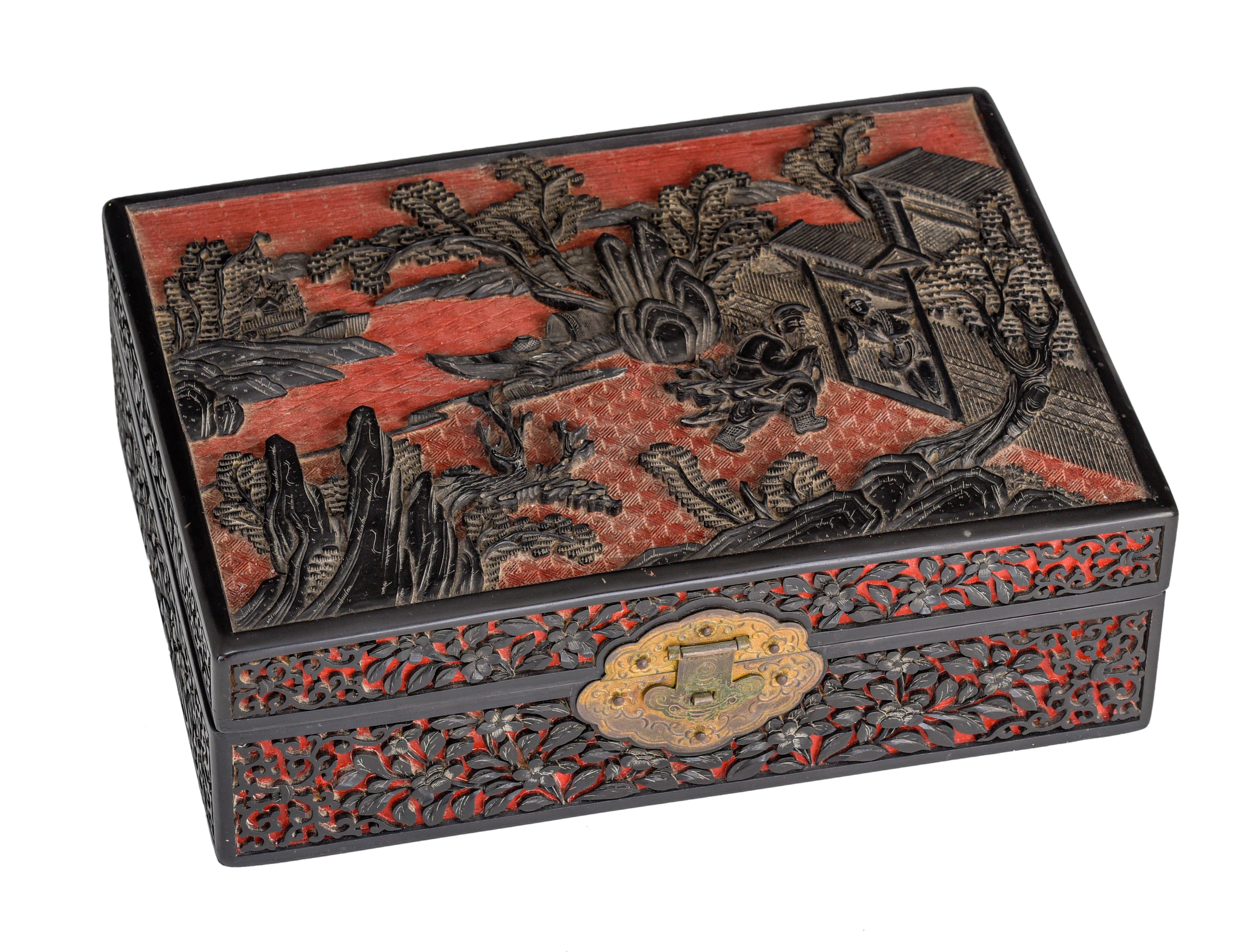 A Chinese carved lacquered jewellery box, late Qing/Republic period, H 9 - 28 x 20 cm