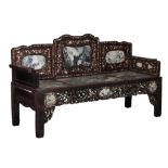 A Chinese hardwood hongmu salon bench, with marble plaques and mother-of-pearl-inset, late Qing, H 1