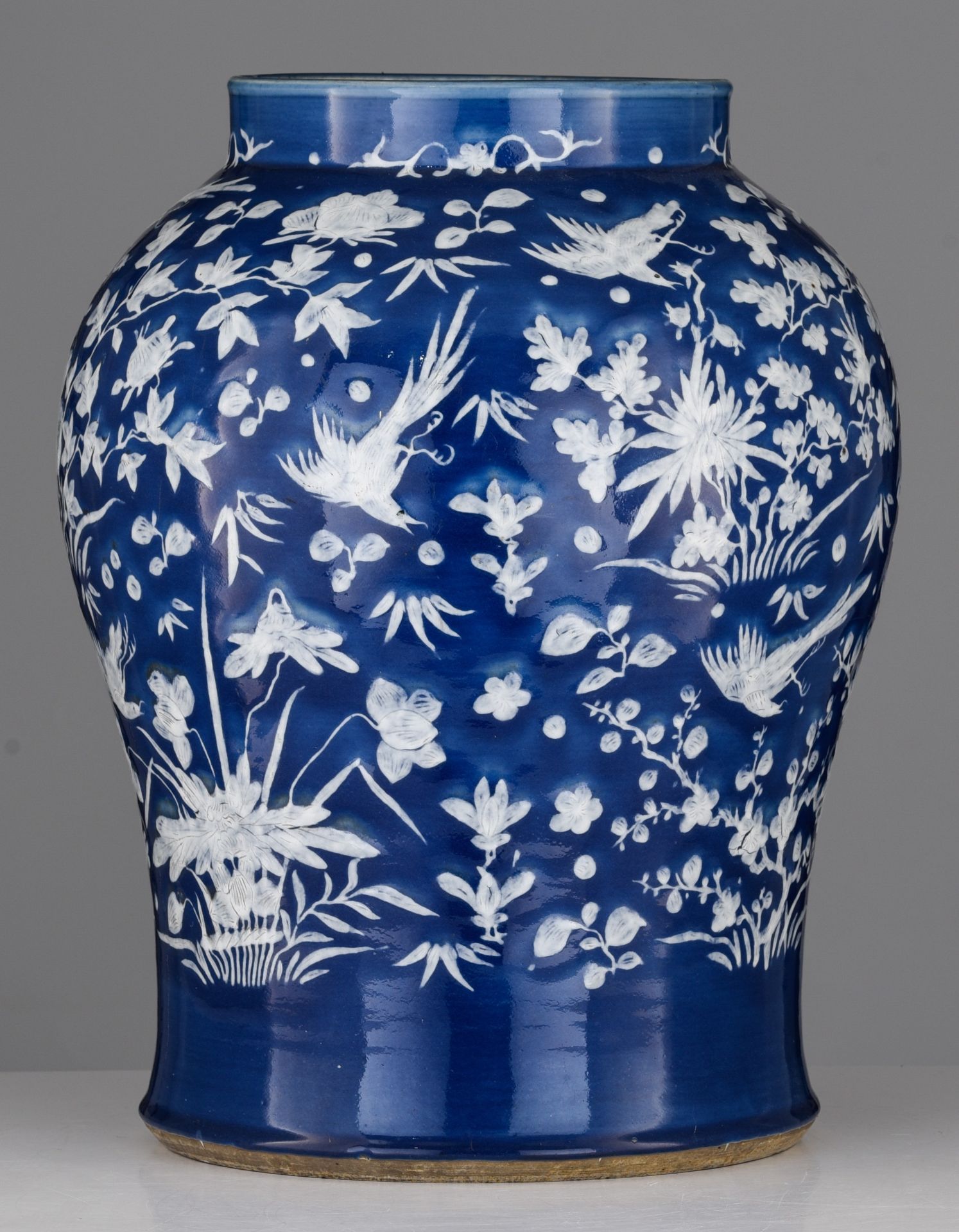 Two Chinese blue and white 'Scrolling lotus' baluster vases and cover, 19thC, H 49 - 51 cm - Image 13 of 15