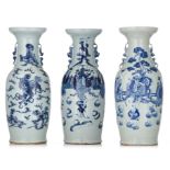 Three Chinese blue and white on celadon vases, 19thC, H 58 cm