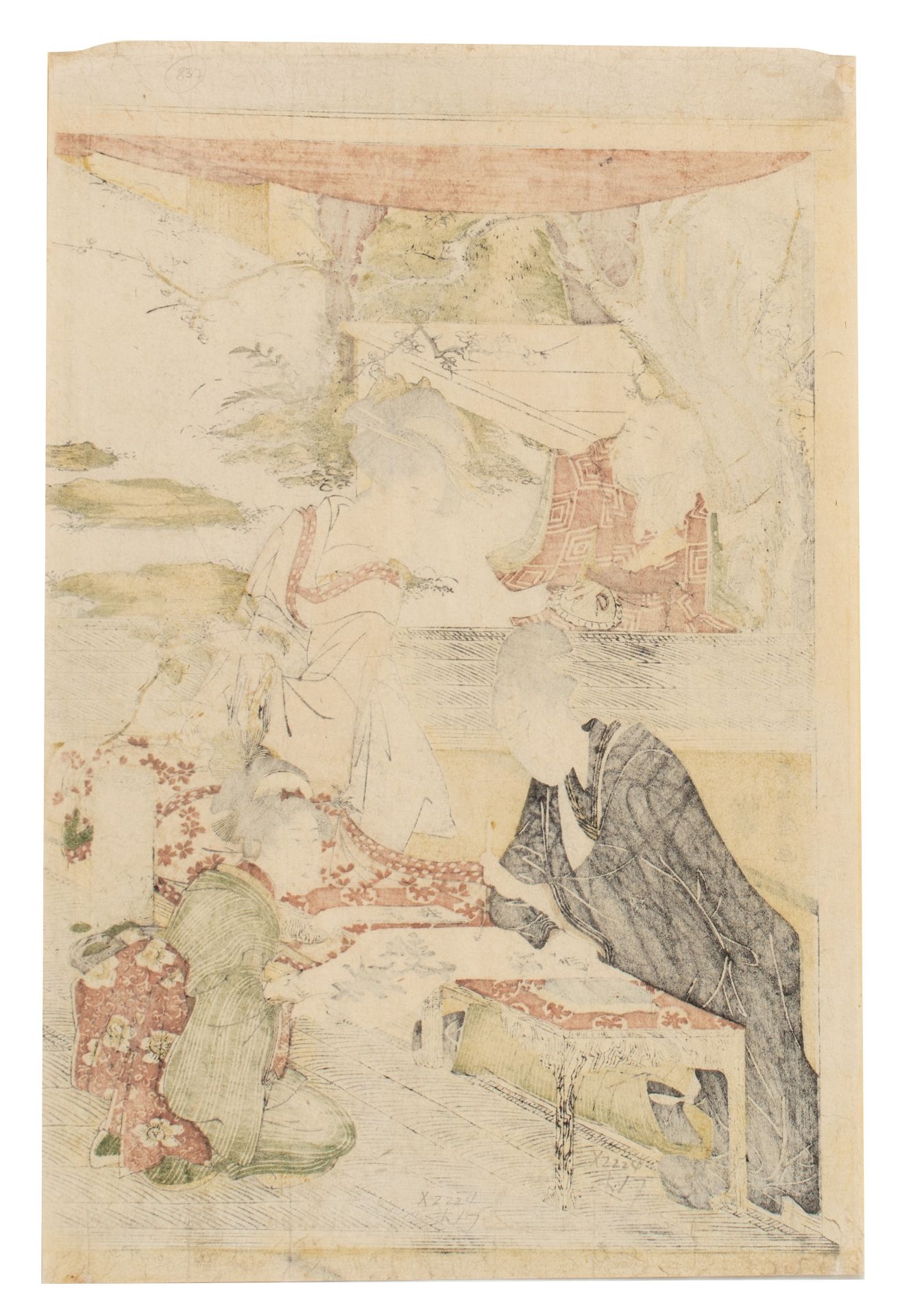 A Japanese woodblock print by Toyohiro, geishas with a young nobleman practising calligraphy, ca. 17 - Image 3 of 4