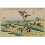 A Japanese woodblock print by Hiroshige, from the series "53 stations of the Tokaido", horses at the