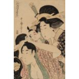 A Japanese woodblock print by Utamaro, courtesans applying make-up and combing hair, ca. 1797 (+)