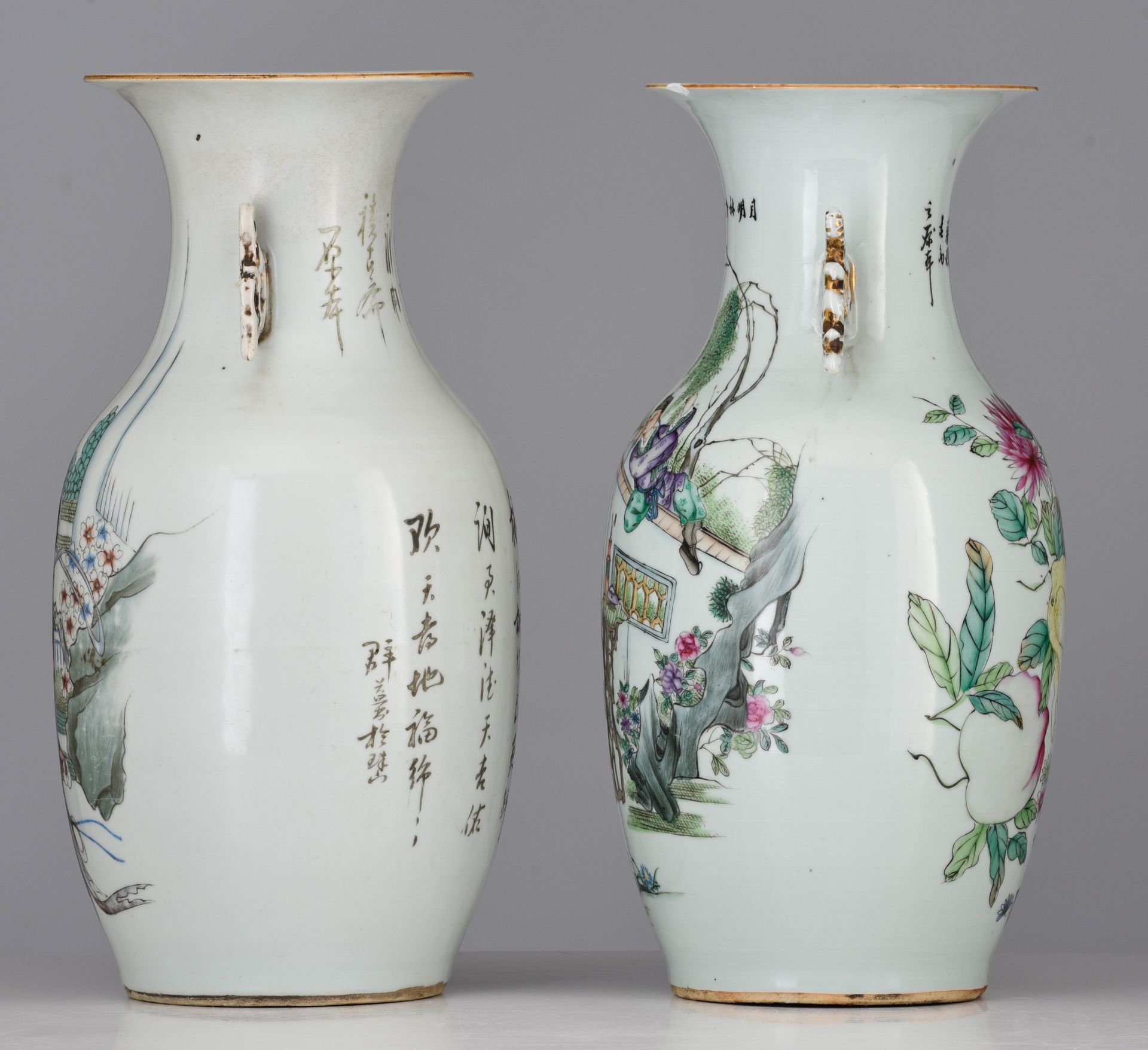 Two Chinese famille rose vases, each with a signed text, Republic period, H 41,5 cm - added a pair o - Image 3 of 14