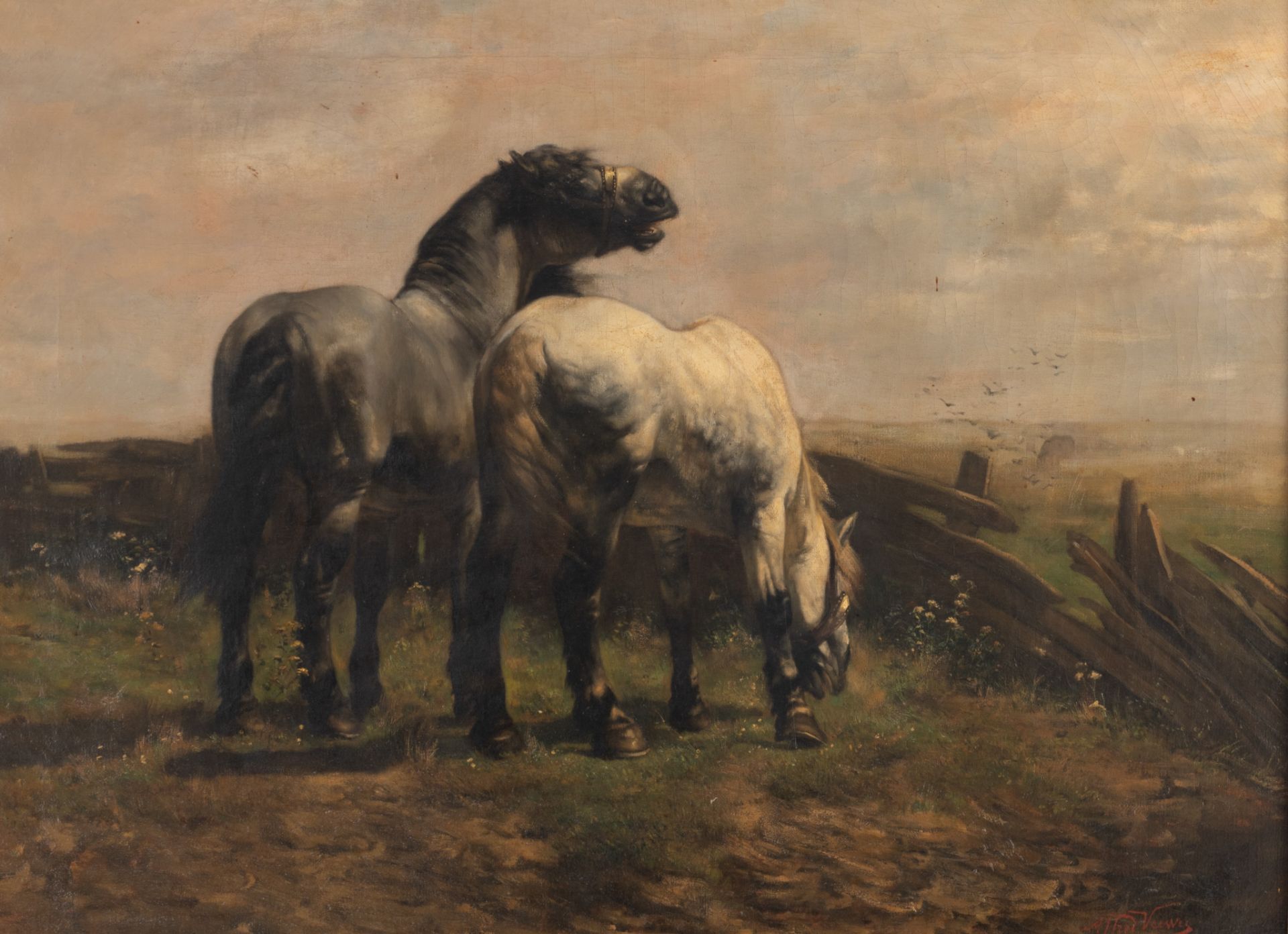 Alfred Verwee (1838-1895), horses in the meadow, oil on canvas, 67 x 91 cm