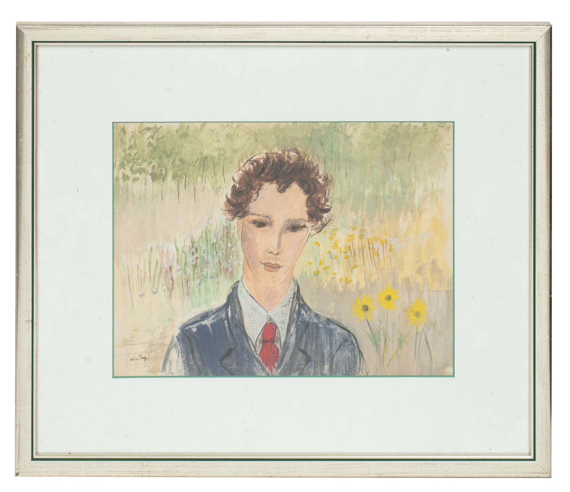 Alice Frey (1895-1981), portrait of a man in a garden setting, ink, watercolour and gouache on paper - Image 2 of 4