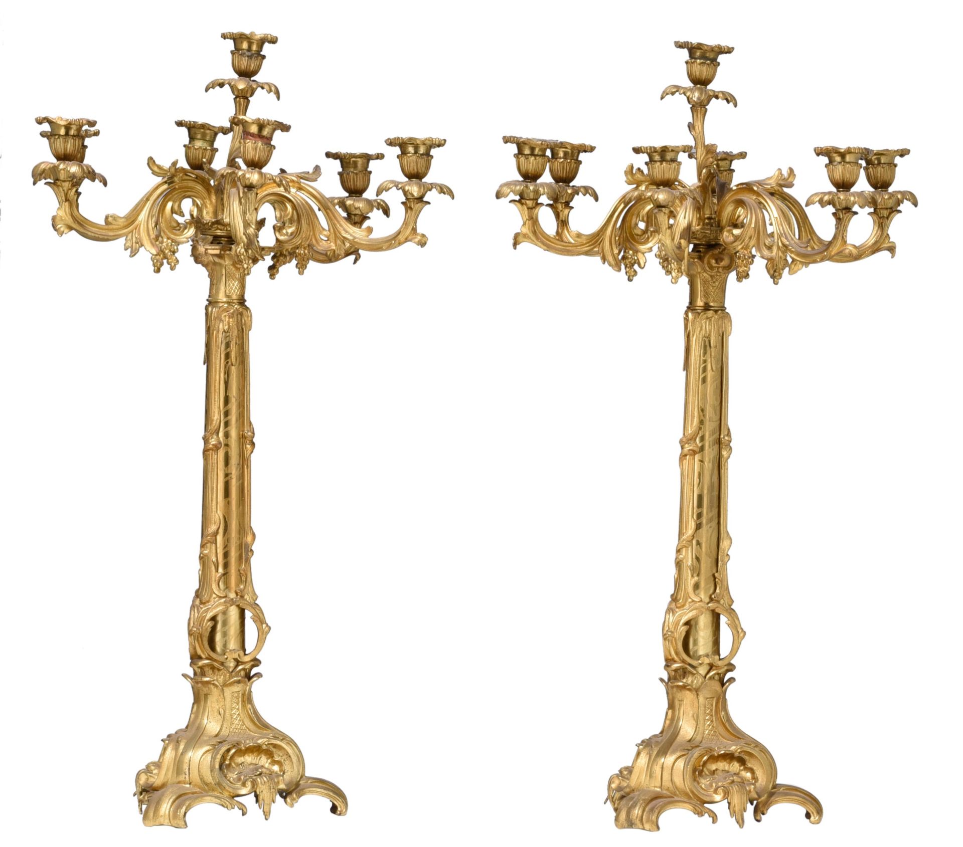 A large pair of Napoleon III gilt bronze candelabras and a matching coupe, H 74 - W 59 cm - Image 9 of 13
