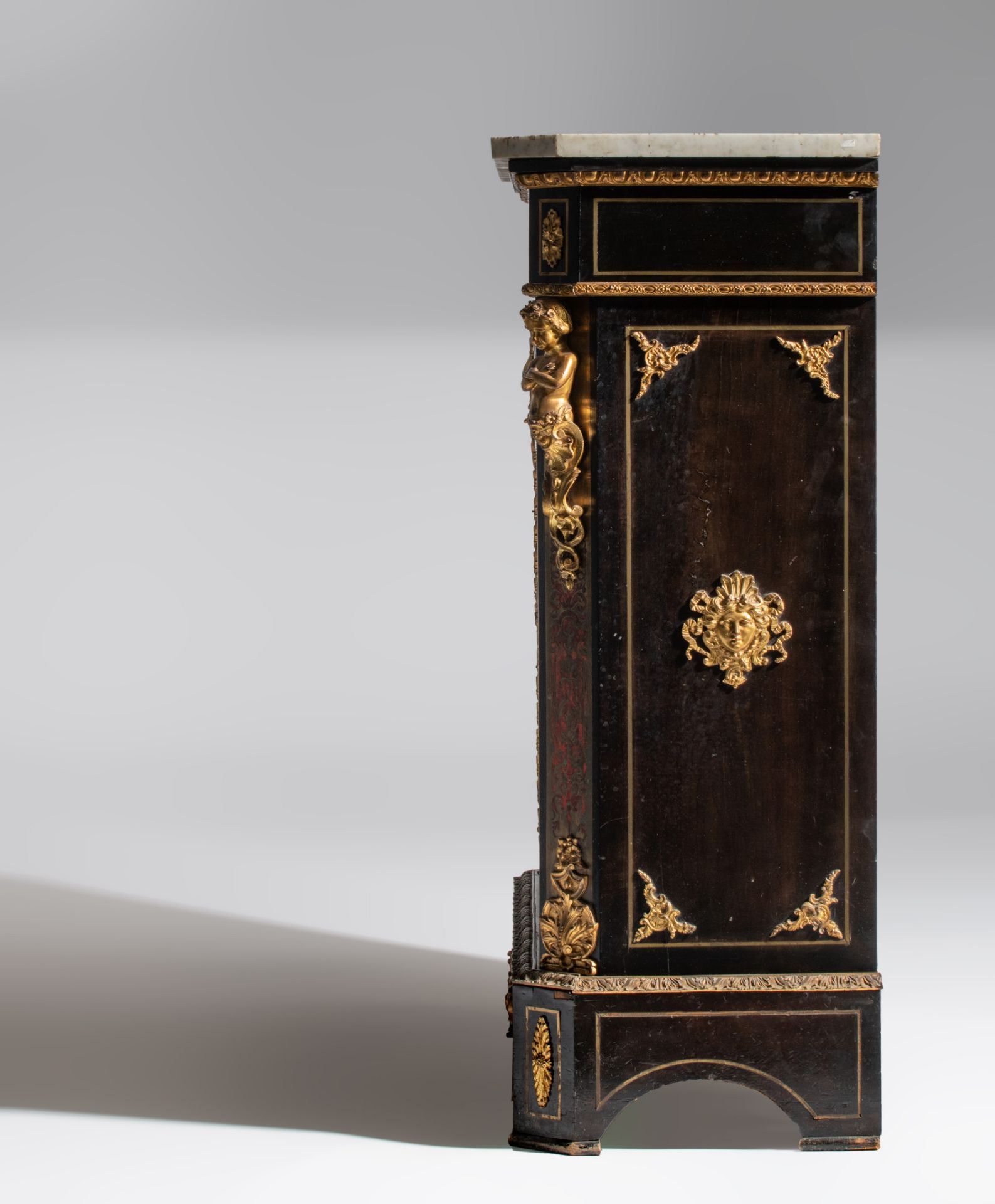 A Napoleon III Boulle work 'meuble d'appui', with gilt bronze mounts and Carrara marble top, H 104 - - Image 4 of 13