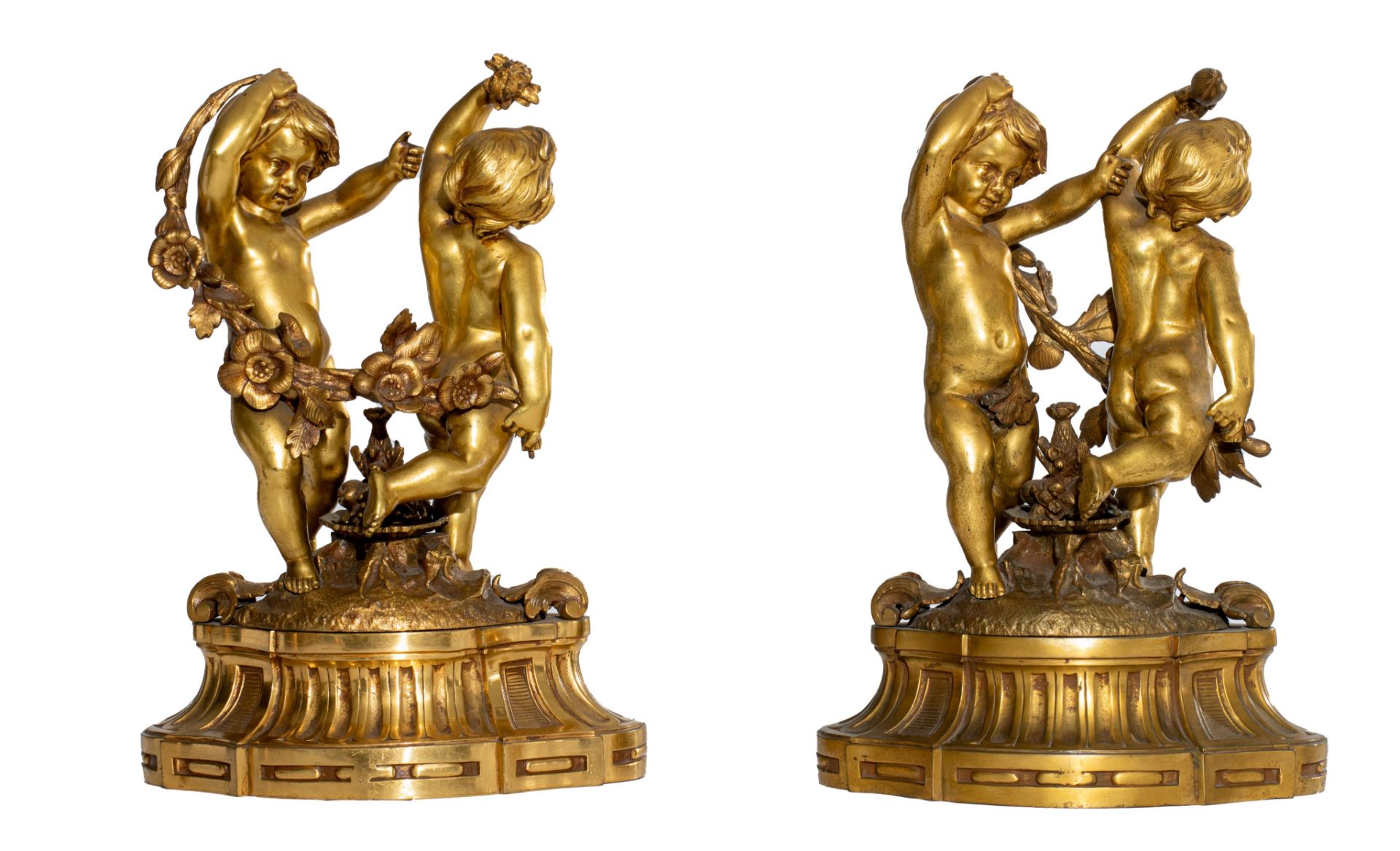 A pair of Neoclassical gilt bronze figural lamps on stands, and a matching pair of sculptures of put - Image 8 of 12