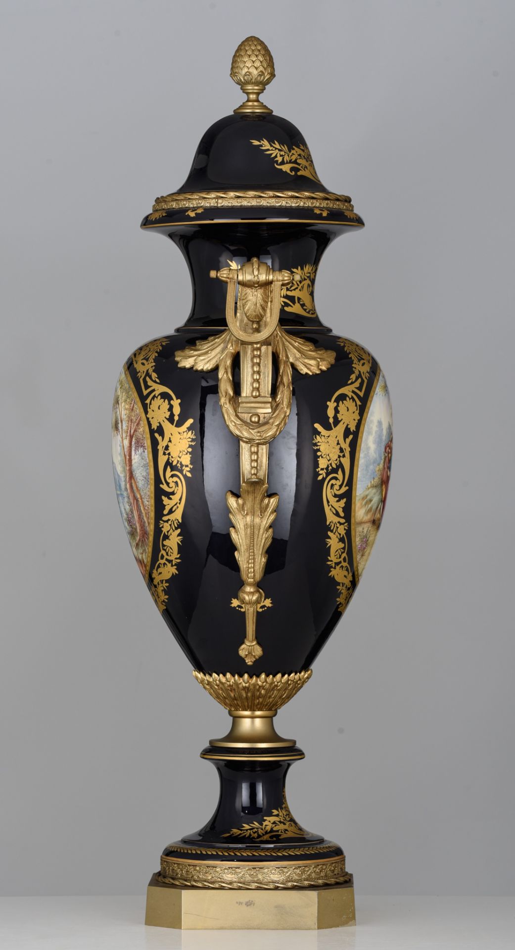 A large bleu royal ground Sevres type vase with gilt bronze mounts, 20thC, H 98 cm - Image 5 of 6