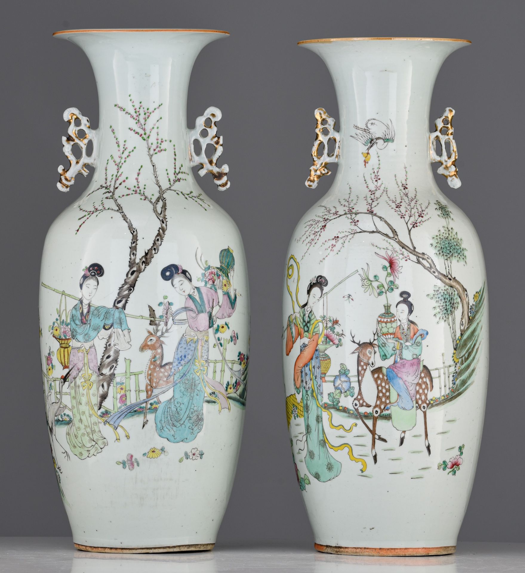 Two Chinese famille rose 'Magu and the deer' vases, the back with a signed text, Republic period H 5 - Image 2 of 7