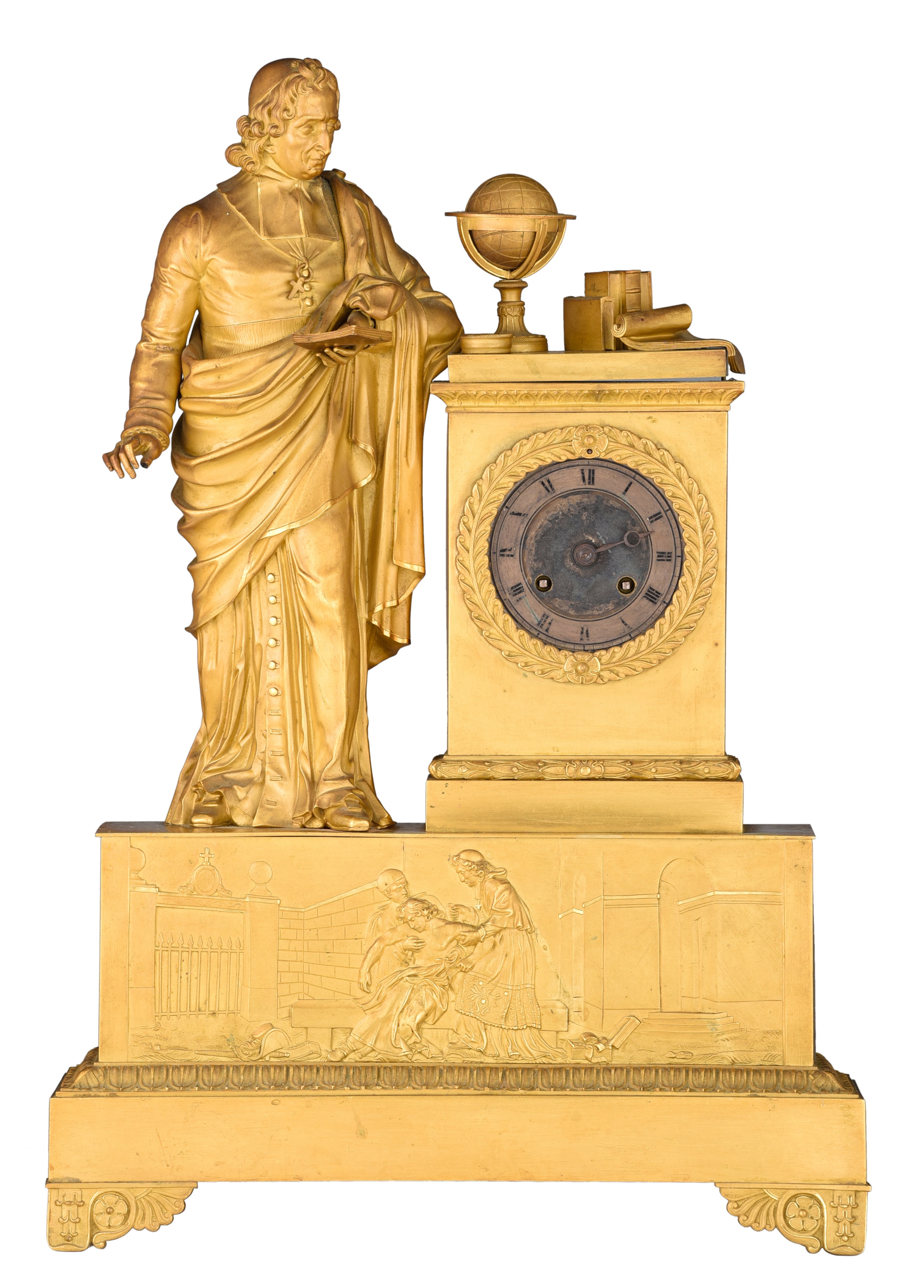 A gilt-bronze Charles X mantle clock, with a scholar on top, H 52 cm