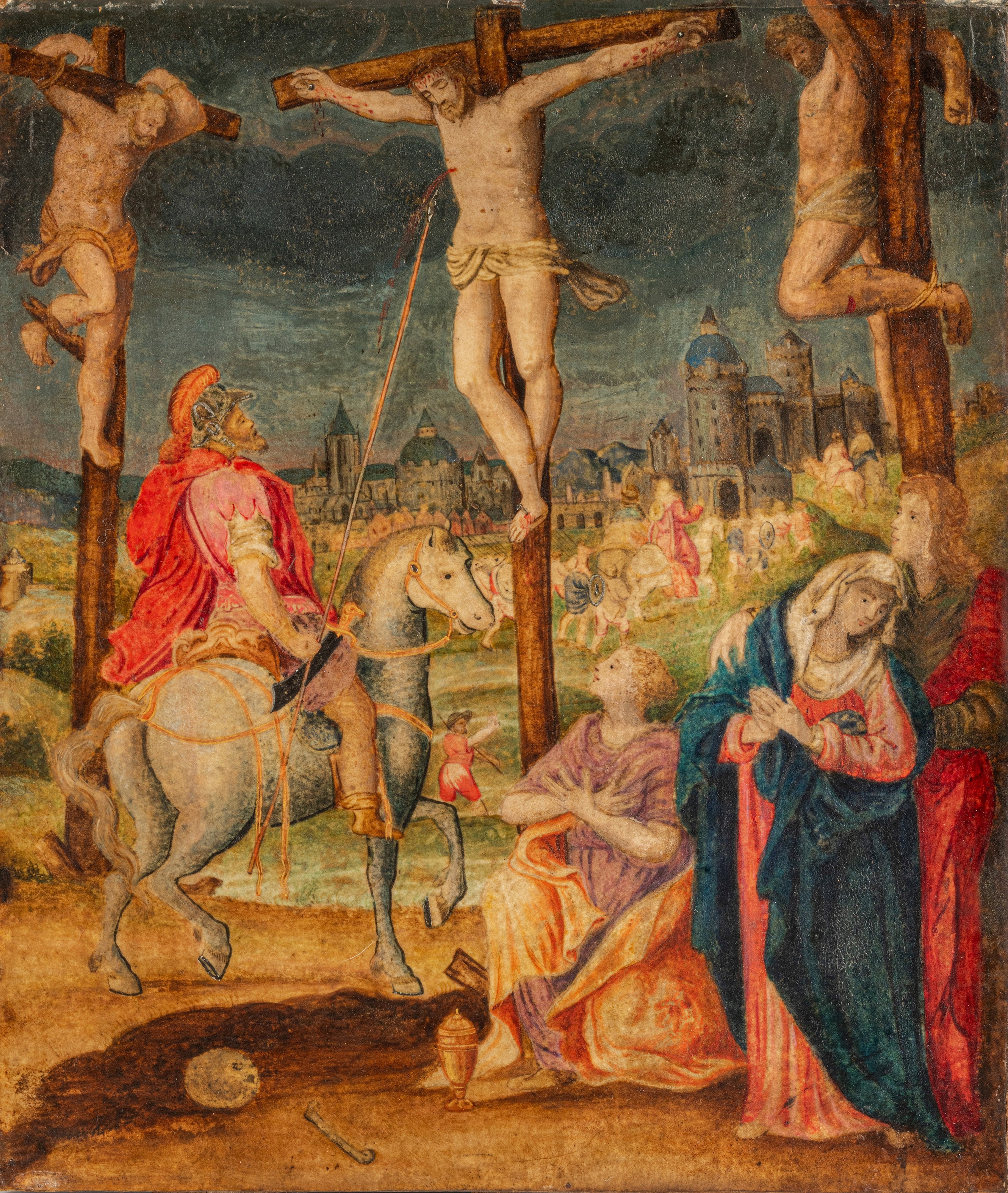 Golgotha, Italian School, 16thC, watercolour on parchment on a cradled oak panel, 19,5 x 23 cm