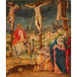 Golgotha, Italian School, 16thC, watercolour on parchment on a cradled oak panel, 19,5 x 23 cm