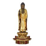 A Japanese gilt and red lacquered standing figure of Amitabha Buddha, on a lotus base, 19thC, Total