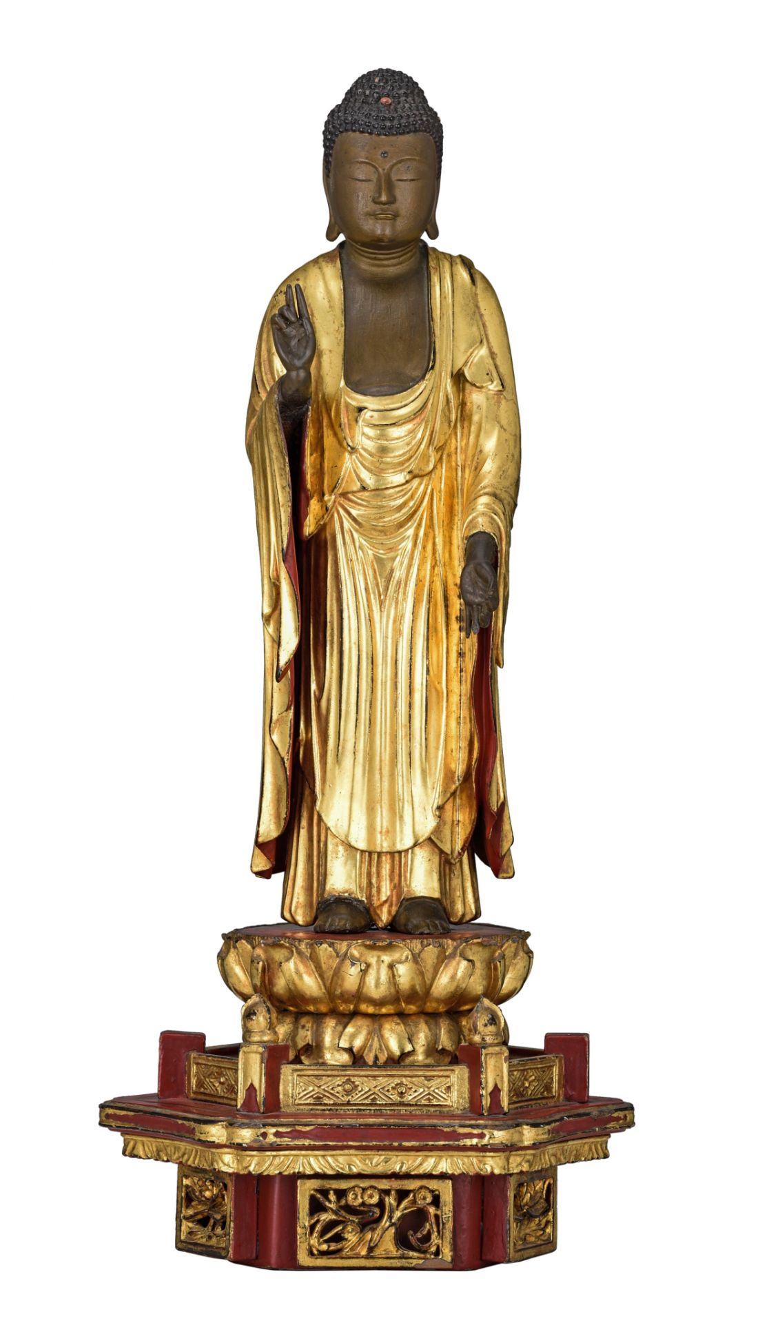 A Japanese gilt and red lacquered standing figure of Amitabha Buddha, on a lotus base, 19thC, Total