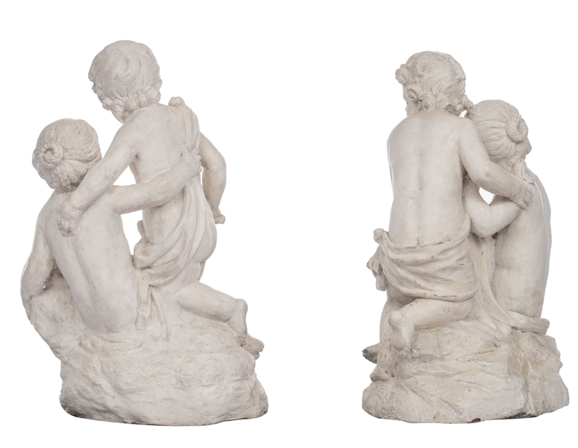 Two white painted terracotta sculptures, depicting an allegory on music and sculpture, 18thC, H 85 - - Image 5 of 11