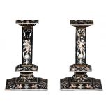 A pair of 17thC Limoges enamel candlesticks, H 23 cm (+)