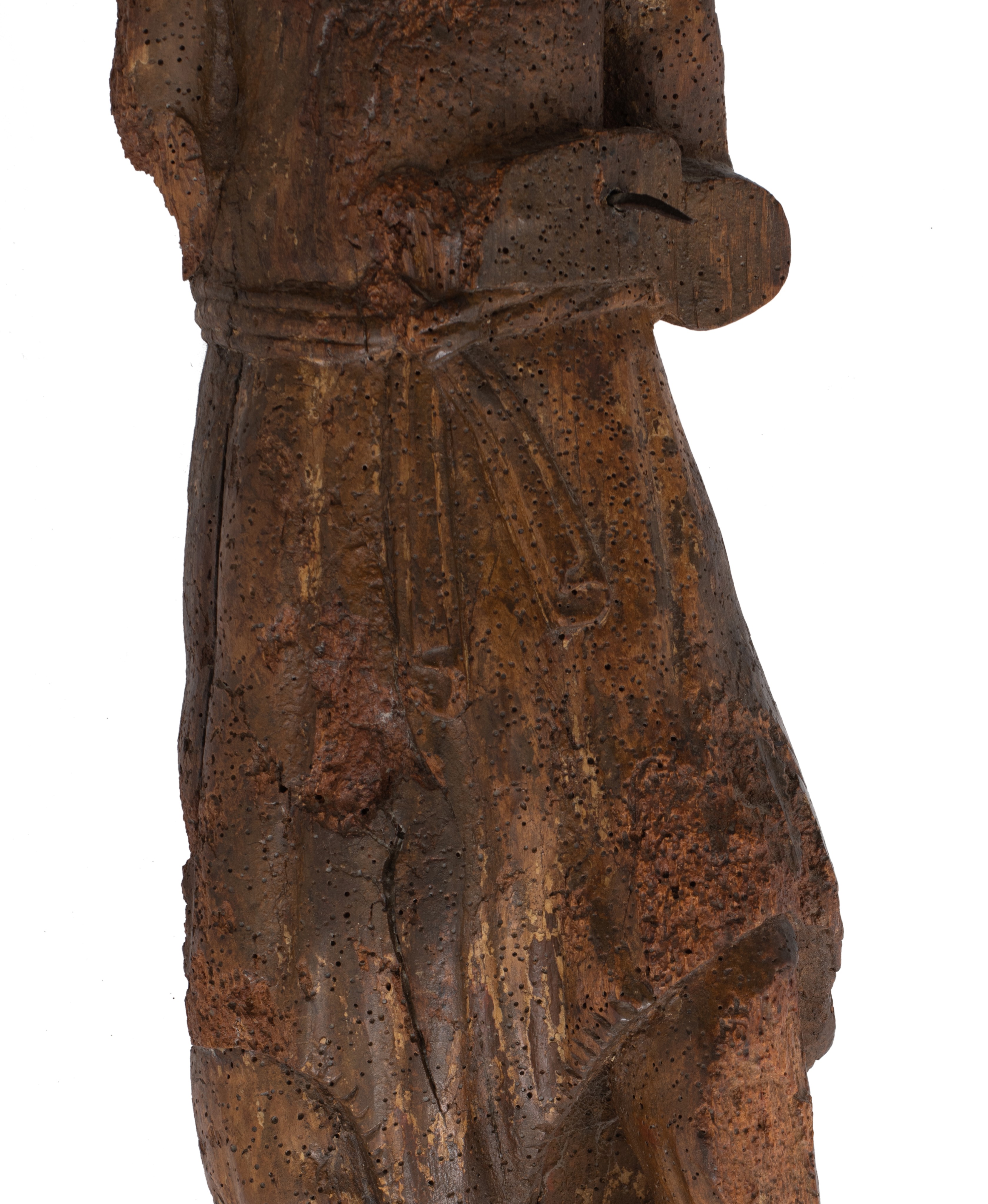 A walnut sculpture of a saint, 15thC, H 80 cm - Image 7 of 7