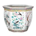 A Chinese famille rose 'One Hundred Birds' hexagonal jardiniere, 19thC, H 33,5 cm
