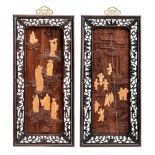Two Chinese carved hardwood hanging panels, fitted in a carved hardwood frame, Republic period, x cm
