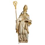 An imposing Baroque polychrome limewood and gilt sculpture of Saint Augustine, 18thC, H 184 cm