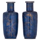 A pair of Chinese powder blue ground and gilt rouleau vases, 18thC, H 45,5 cm