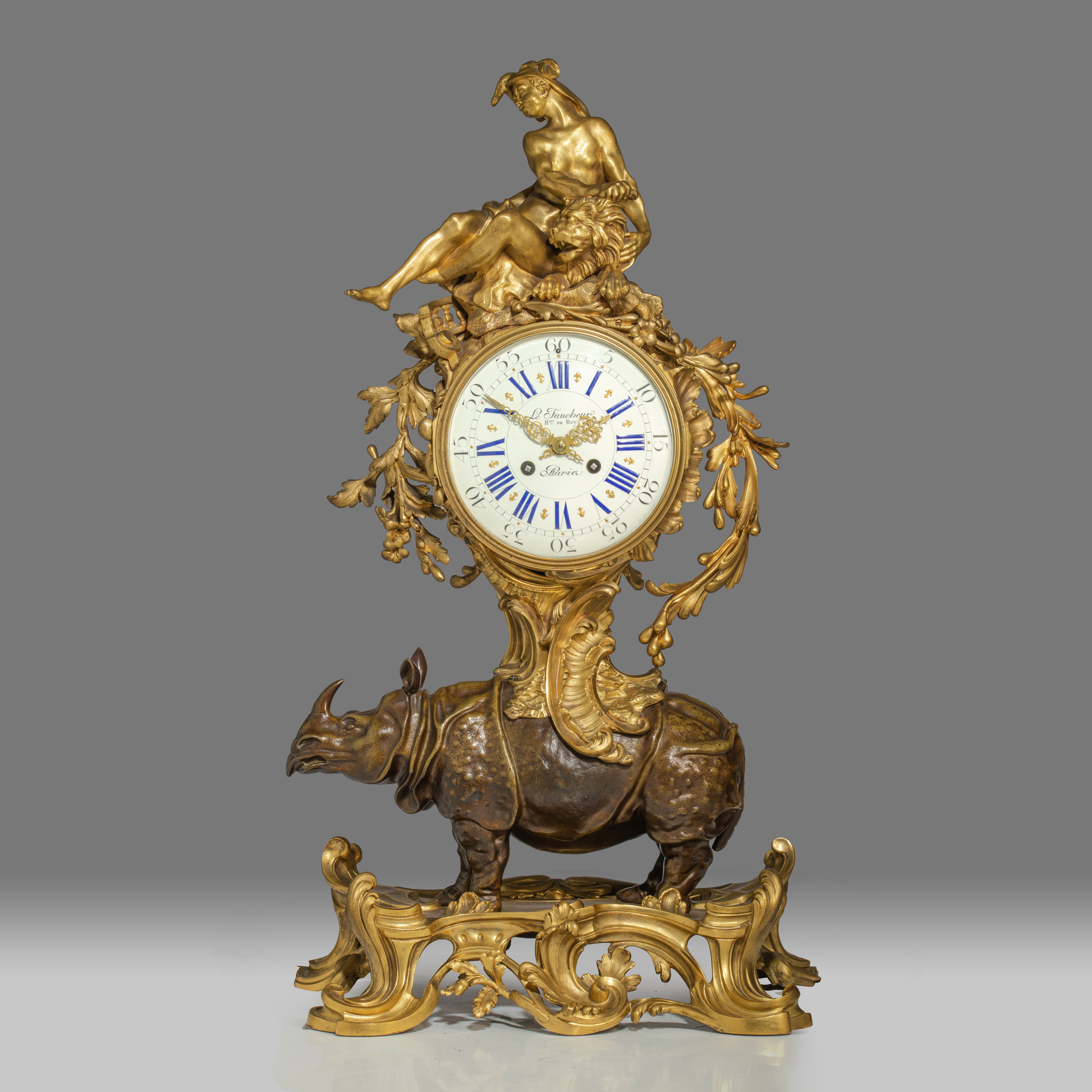 A very imposing Rococo style rhinoceros mantel clock, the dial signed 'Le Faucheur, Paris', H 77 - W - Image 2 of 12