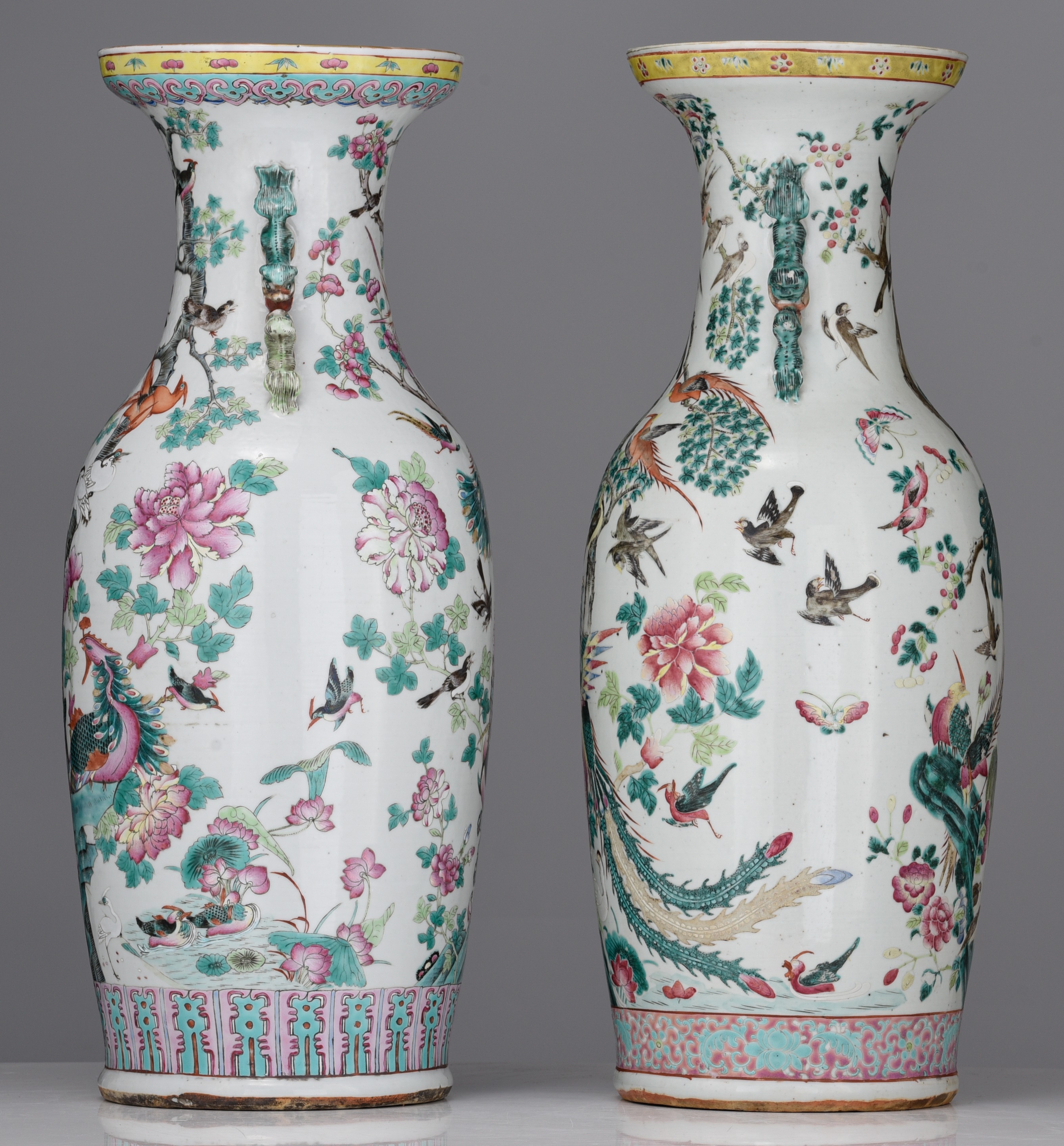 A similar pair of Chinese famille rose 'One Hundred Birds' vases, 19thC, H 62 cm - Image 3 of 7