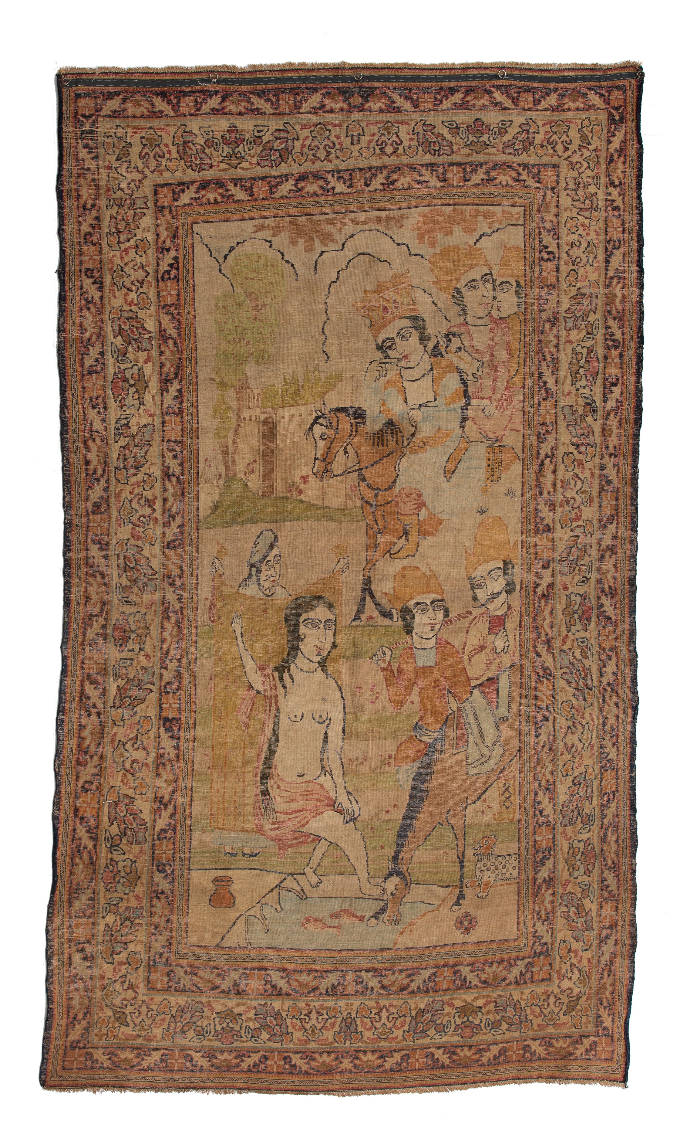 A pictorial Kirman rug, depicting a bathing scene, 19thC, 129 x 230 cm - Image 2 of 9