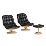 A pair of vintage Shelby lounge chairs by Georges Van Rijk for Beaufort, with one matching ottoman,