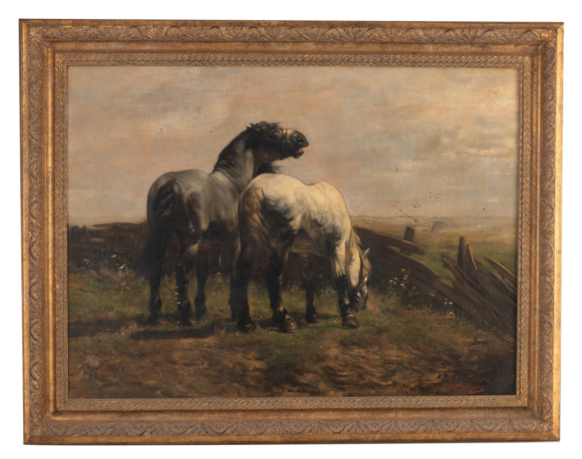 Alfred Verwee (1838-1895), horses in the meadow, oil on canvas, 67 x 91 cm - Image 2 of 7