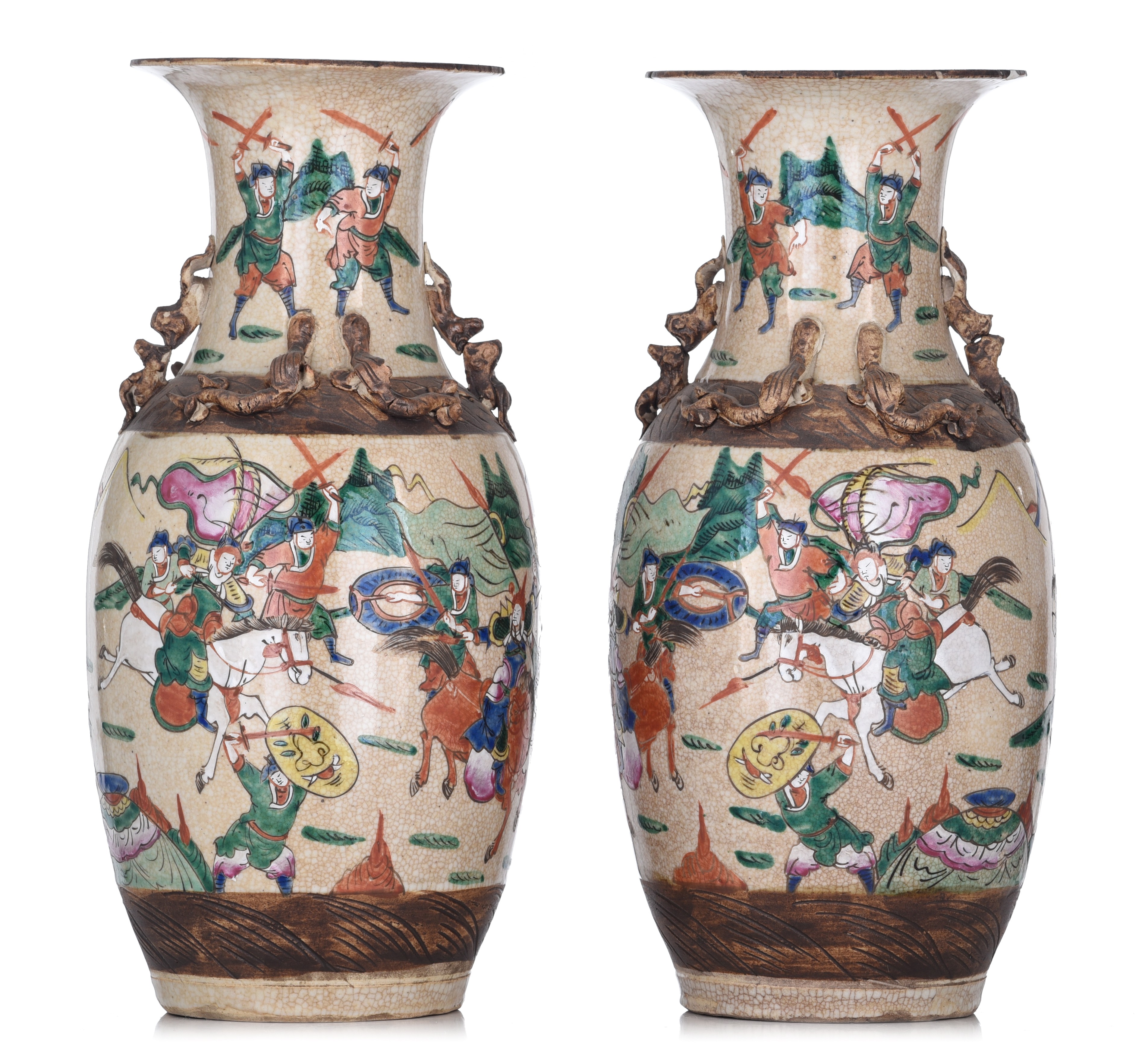 A pair of Chinese Nanking famille rose stoneware vases, 19thC, H 44 cm