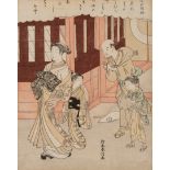 A Japanese woodblock print by Harunobu, with a courtesan and kamuro, ca. 1767 (+)