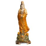A Chinese glazed pottery figure of a standing Guanyin, H 114 - 119 cm