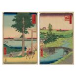 Two Japanese woodblock prints by Hiroshige, one from the series "36 views on mount Fuji", no. 35 Fuj