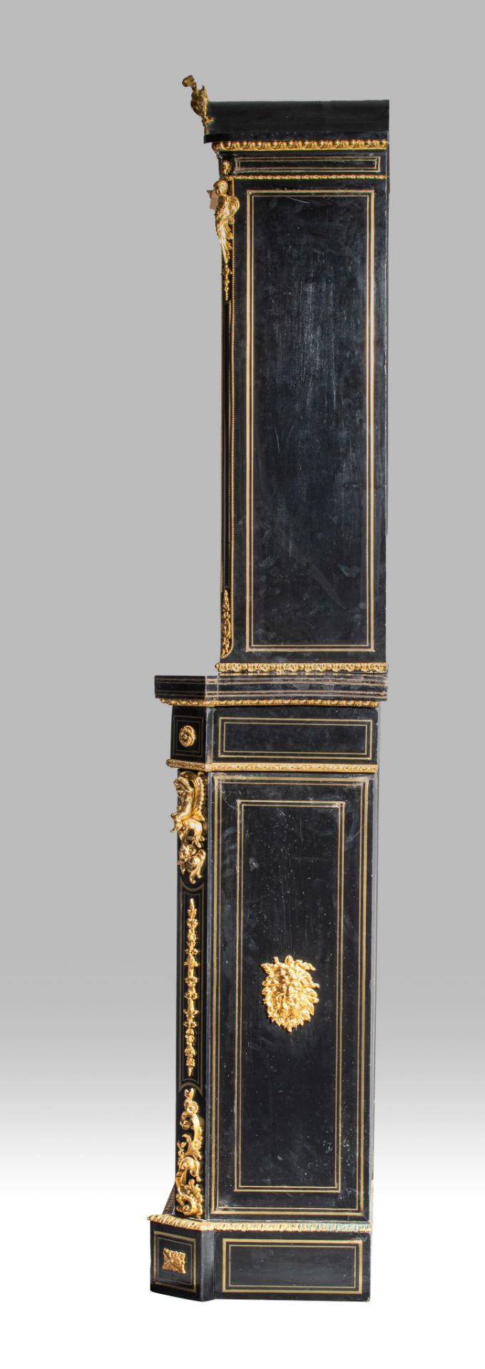 A large Napoleon III two-piece ebonised display cabinet, with gilt bronze mounts, H 237 - W 118 - D - Image 3 of 5