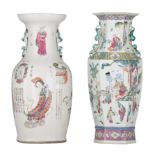 A Chinese famille rose Wu Shuang Pu vase, late 19thC, H 44,5 cm - and a Chinese famille rose hexagon