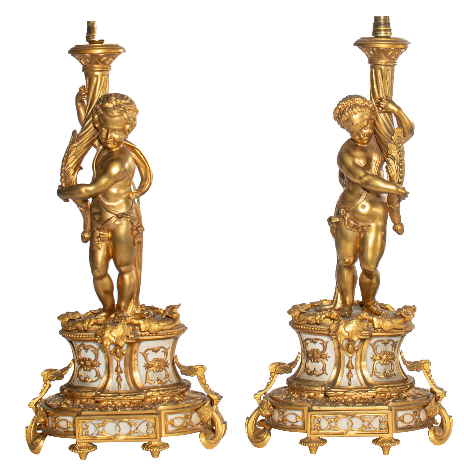 A pair of Neoclassical gilt bronze figural lamps on stands, and a matching pair of sculptures of put - Image 2 of 12