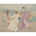 Illegibly signed, Elegant Ladies in a park, ca. 1900, oil on canvas on plywood, 32 x 40 cm