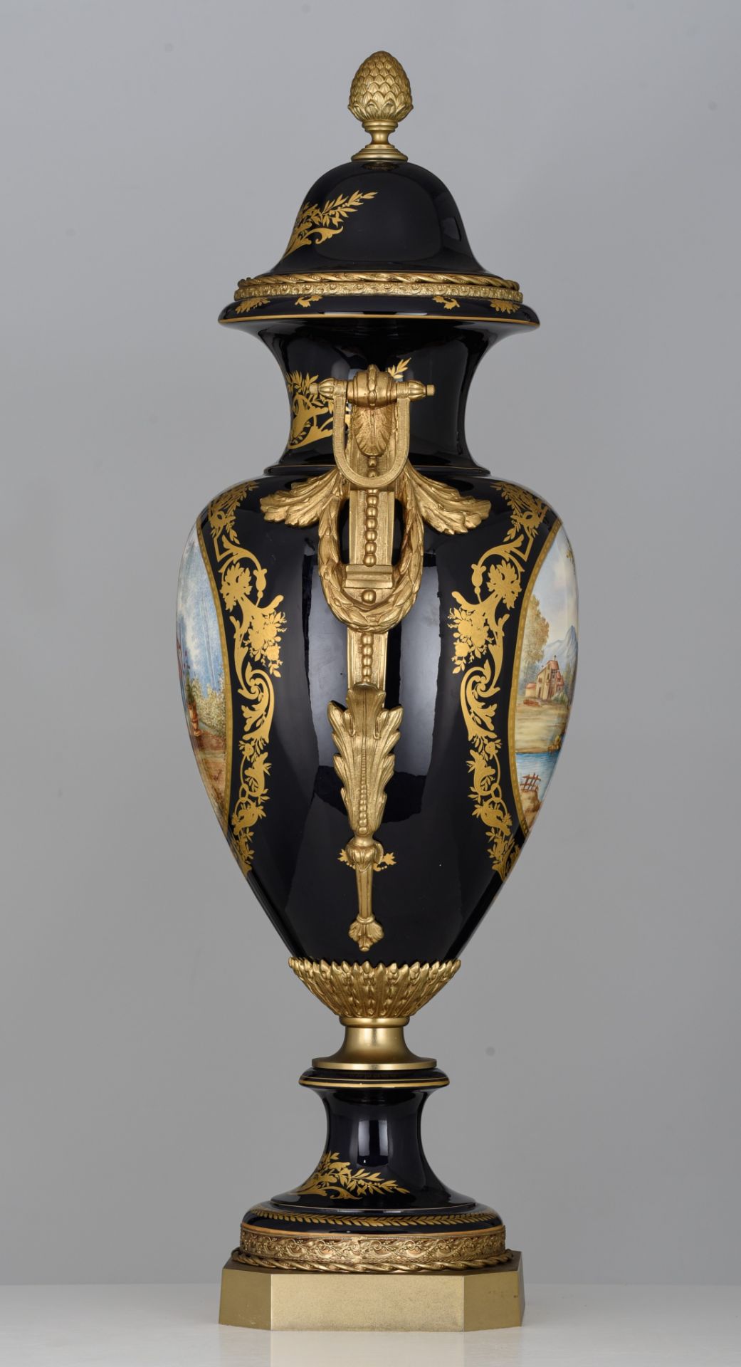 A large bleu royal ground Sevres type vase with gilt bronze mounts, 20thC, H 98 cm - Image 3 of 6