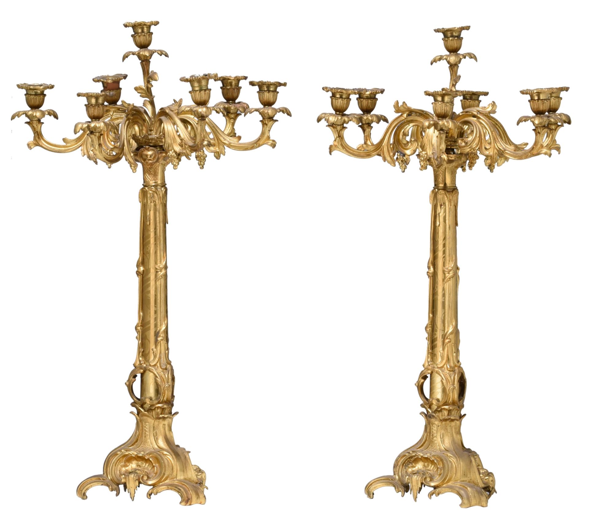 A large pair of Napoleon III gilt bronze candelabras and a matching coupe, H 74 - W 59 cm - Image 11 of 13
